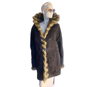 Vintage Dennis Basso Women's Hooded  Brown Suede With Faux Fur Lining Parka Coat